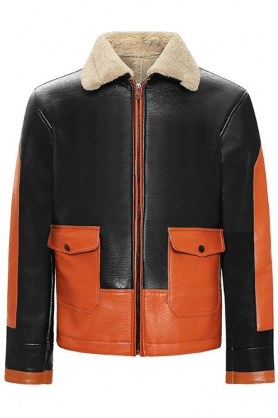 Cool Mens Jacket Color Block Double Pockets Zipper up Fur-Lined Long Sleeve Turn-down Collar Slim Fitted Leather Jacket
