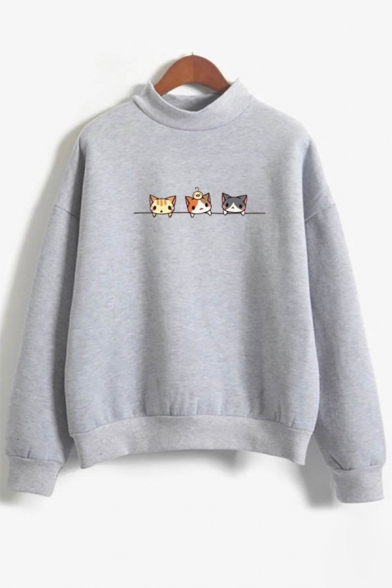 Cute Cartoon Three-Cat Pattern Mock Neck Long Sleeve Loose Relaxed Sweatshirt