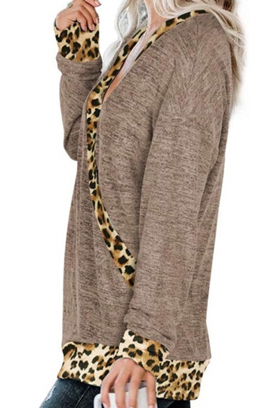 Fashion Women's T-Shirt Patchwork Leopard Pattern Contrast Hem V Neck Long Sleeves Regular Fitted Tee Top