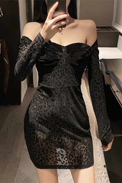 Female Popular Leopard Printed Sweetheart Neck Long Sleeve Sheer Mesh Panel Mini Black Party Dress