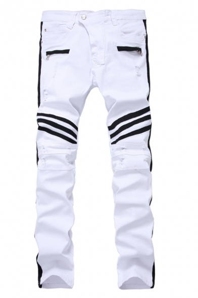 Men's New Stylish Contrast Stripes Patched Zip Embellished Stretch Slim Fit White Jeans