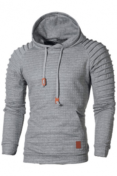 Mens Hoodie Casual Lattice Jacquard Pleated-Shoulder Drawstring Long Sleeve Slim Fit Hooded Sweatshirt