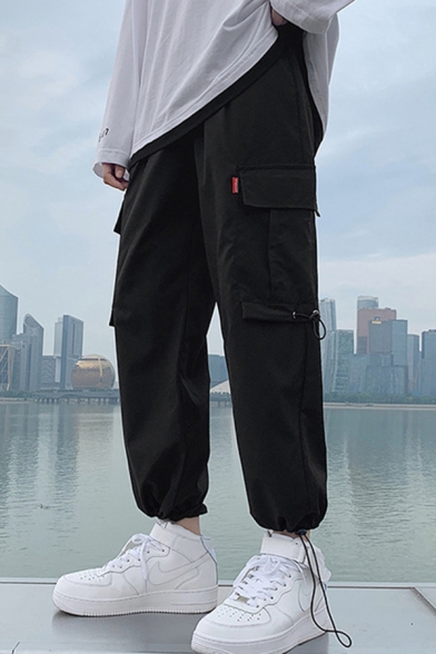 Mens Pants Creative Side Flap Pockets Bungee-Style Cuffs Drawstring Waist Loose Fitted 7/8 Length Straight Cargo Pants