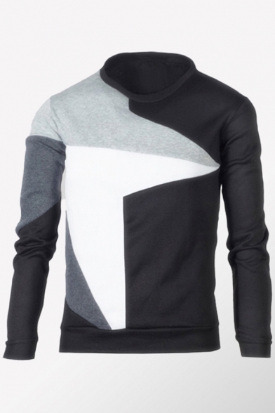 Mens Pullover Sweatshirt Fashionable Color Block Stitching Round Neck Long Sleeve Slim Fitted Pullover Sweatshirt