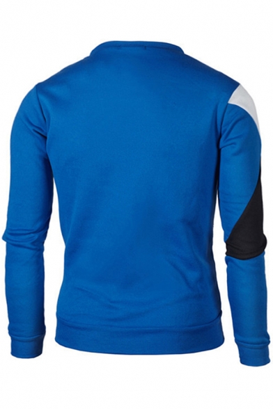 Mens Pullover Sweatshirt Fashionable Color Block Stitching Round Neck Long Sleeve Slim Fitted Pullover Sweatshirt