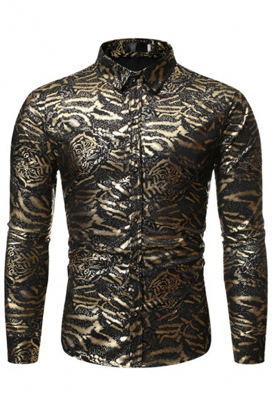 Mens Shirt Fashionable Gilding Tiger Striped Pattern Button-down Long Sleeve Point Collar Slim Fitted Shirt