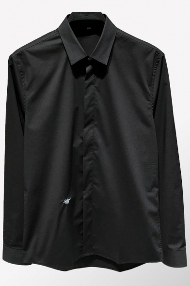 Mens Shirt Trendy Bee Embroidered Spread Collar Button Detail Regular Fit Long Sleeve Shirt