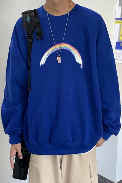 Mens Sweatshirt Trendy Doodle Rainbow Pattern Drop Shoulder Loose Fit Long Sleeve Crew Neck Pullover Sweatshirt