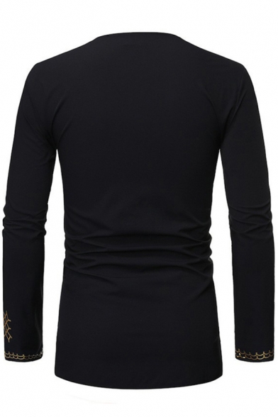 Mens T-Shirt Creative Abstract Gilding Pattern Slim Fitted Long Sleeve Split Neck Tunic Tee Top