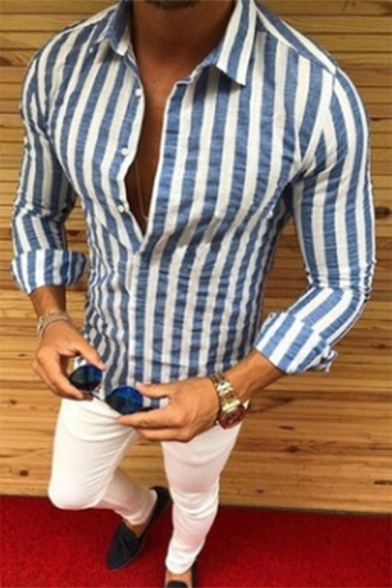 Rrive Mens Stripe Print Long Sleeve Button Down Relaxed Fit Hipster Shirts 