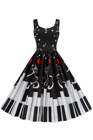 Novelty Womens Dress Heart Note Piano Keyboard Cat Gift Jingle Bell Pattern Scoop Neck Sleeveless A-Line Slim Fitted Midi Swing Dress