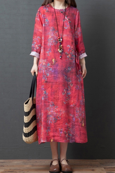 Tribal Style Dress Flower Printed Waist-Tied Button Detail Round Neck Half Sleeves Long Oversized Swing Dress