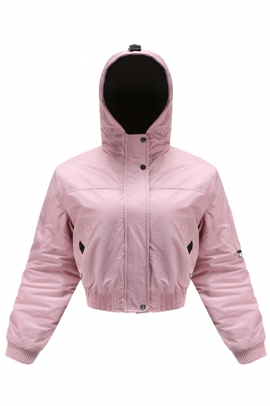 Vintage Womens Jacket Elastic Hem Cropped Zipper Detail Long Sleeve Hooded Slim Fit Padded Jacket