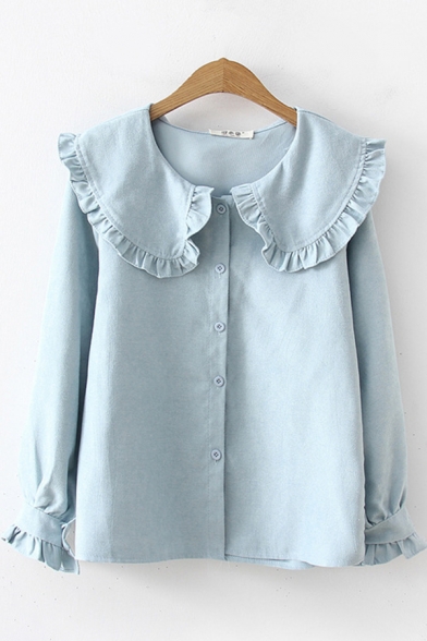 Vintage Womens Shirt Plain Stringy Selvedge Trim Peter Pan Collar Button Detail Loose Fit Long Sleeve Shirt