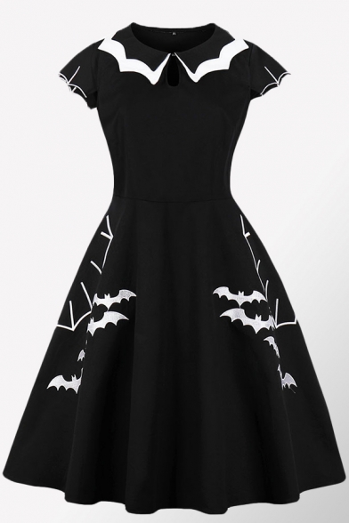 Womens Dress Casual Bat Embroidered Midi A-Line Slim Fitted Round Neck Cap Sleeve Swing Dress