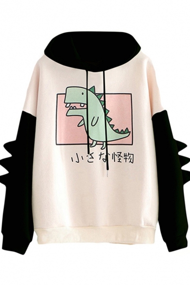 Womens Hoodie Simple Color Block Dinosaur Japanese Letter Pattern Drawstring Long Sleeve Relaxed Fitted Hoodie