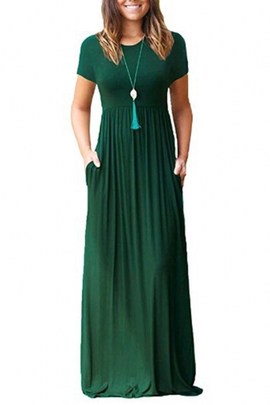Basic A-Line Dress Solid Color Side Pockets Crew Neck Short Sleeves Long A-Line Dress for Women