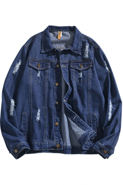 Basic Mens Jacket Ripped Button up Turn-down Collar Long Sleeve Loose Fitted Denim Jacket with Flap Chest Pockets