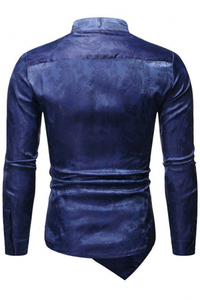 Basic Mens T-Shirt Paisley-Jacquard Asymmetric Hem Oblique Button Stand Collar Tunic Long Sleeve Slim Fitted T-Shirt
