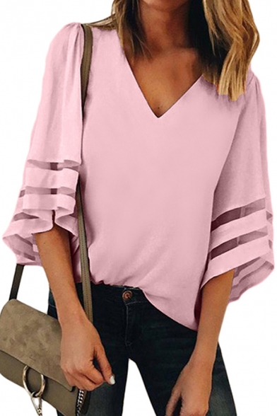 Basic Womens Tee Top Plain Cutouts Sheer Flare Cuff 3/4 Sleeve V-Neck Loose T-Shirt