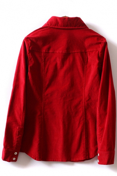 Basic Womens Shirt Plain Corduroy Button down Long Sleeve Ingot Collar Regular Fit Shirt