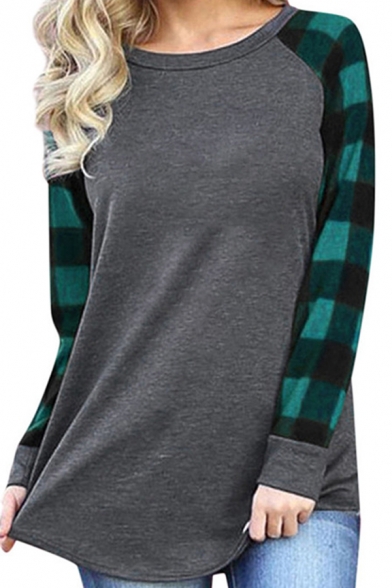 Casual Tee Top Plaid Pattern Contrast Color Round Neck Long Sleeves Regular Fitted T-Shirt for Women