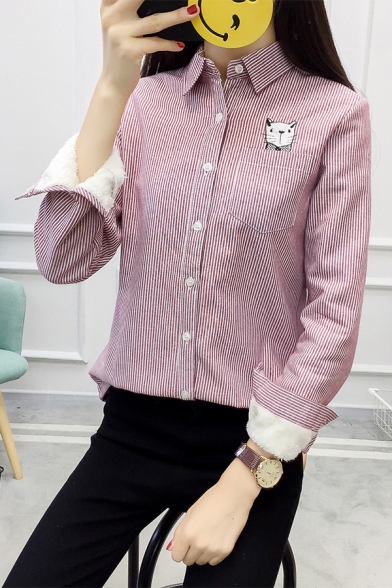 Cat Embroidered Pocket Lapel Collar Long Sleeve Striped Printed Buttons Down Shirt