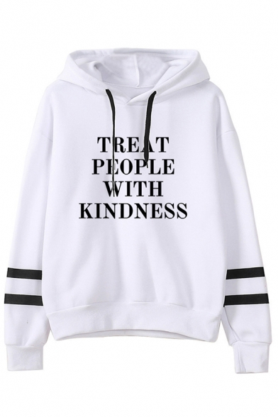 Chic Womens Hoodie Arm-Stripe Letter Treat People with Kindness Print Drawstring Loose Fit Long Sleeve Hoodie
