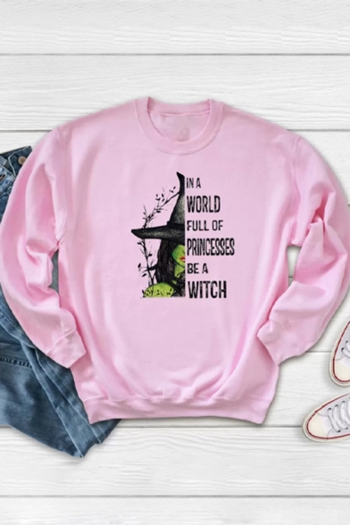 Chic Womens Pullover Sweatshirt Beauty Letter in a World Full of Princesses Be a Witch Pattern Long Sleeve Relaxed Fit Crew Neck Pullover Sweatshirt