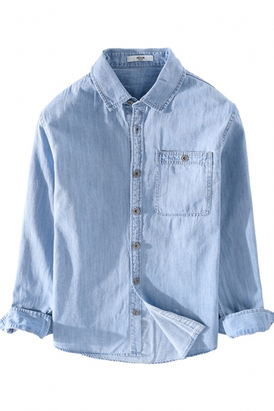 Classic Mens Shirt Purified Cotton Button down Long Sleeve Spread Collar Regular Fit Denim Shirt with Chest Pocket