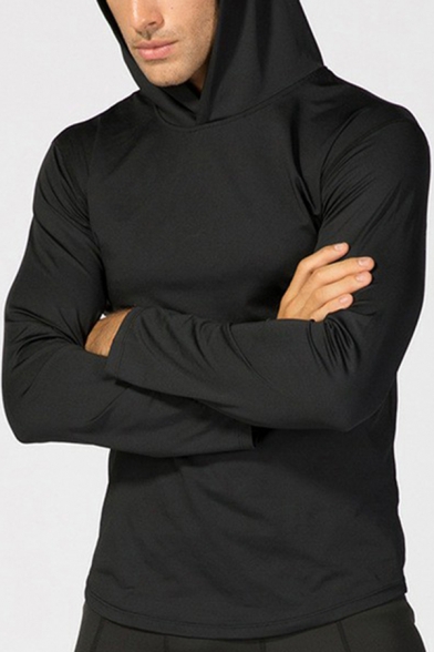 Cool Mens Sweatshirt Solid Color Breathable Drawstring Slim Fitted Long Sleeve Hoodie