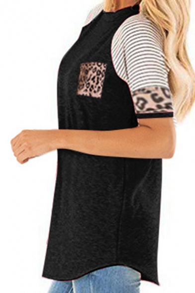 Cozy Tee Top Contrast Panel Color Block Leopard Print Round Neck Short Sleeve Regular Fit T-Shirt for Women