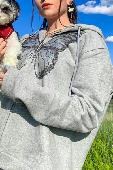 Creative Womens Hoodie Butterfly Print Pockets Zipper Fly Drawstring Long Sleeve Loose Fit Hooded Sweatshirt