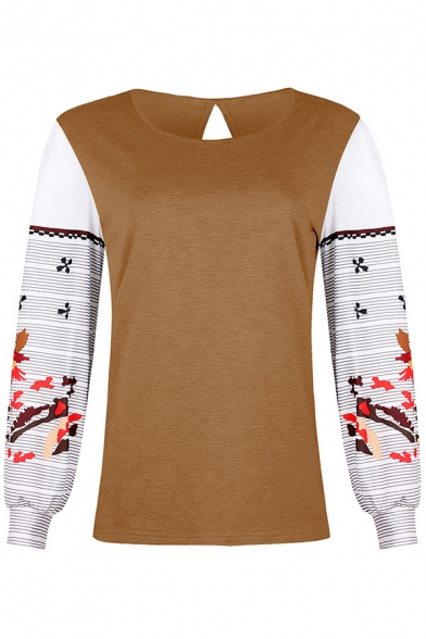 Elegant Sweatshirt Patchwork Flower Embroidery Round Neck Bishop Sleeve Regular Fitted Pullover Sweatshirt for Women