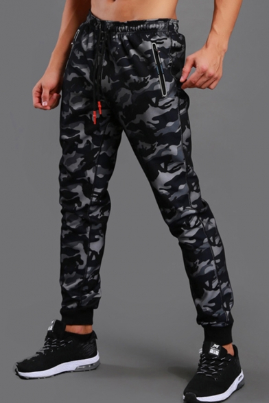 Mens Pants Simple Camouflage Zipper Pocket Cuffed Drawstring Waist Quick Dry Slim Fitted 7/8 Length Sport Pants