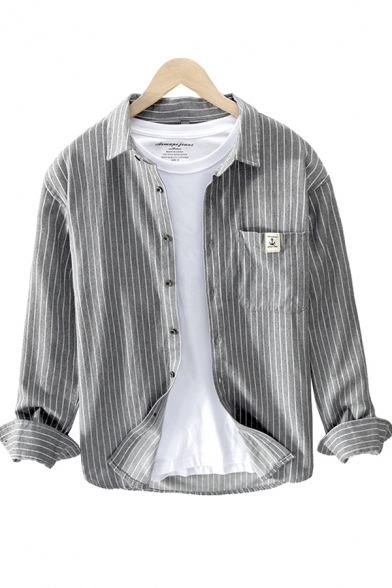 Mens Shirt Casual Pinstripe Pattern Breathable Cotton Spread Collar Button Detail Regular Fit Long Sleeve Shirt