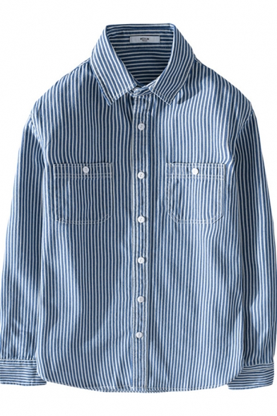 Mens Shirt Stylish Pinstripe Pattern Purified Cotton Chest Pockets Button up Spread Collar Long Sleeve Regular Fit Shirt Jacket