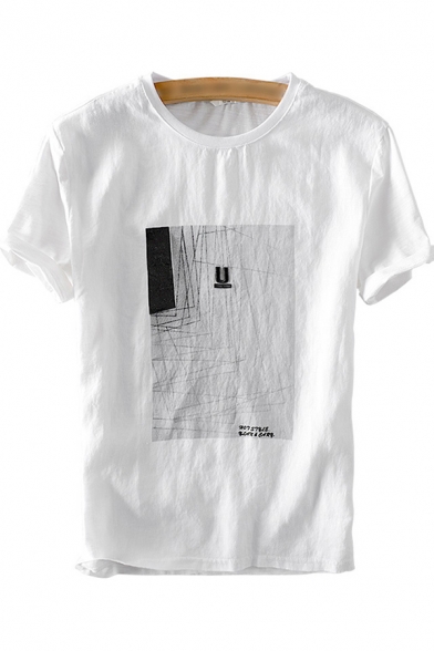 Mens T Shirt Creative Abstract Line Print Letter U Embroidery Sweat-Absorbing Crew Neck Short Sleeve Regular Fitted Linen T-Shirt