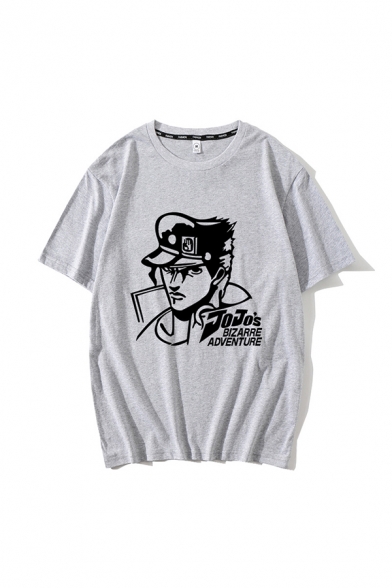 Mens T-Shirt Simple Figure Letter Print Anime Jojo's Bizarre Adventure Round Neck Loose Fitted Short Sleeve Tee Top