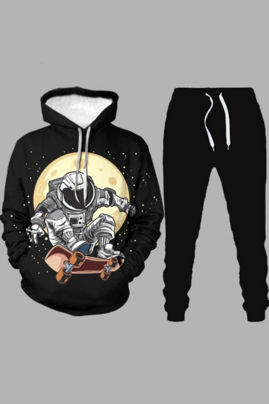 Novelty Mens Co-ords Astronaut Moon Skateboard Print Regular Fitted 7/8 Length Pants Long Sleeve Hoodie Jogger Co-ords