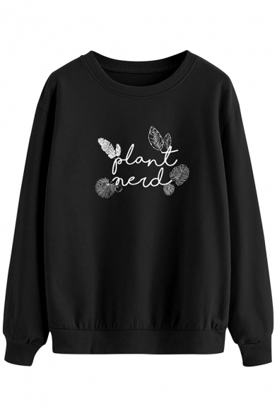 Retro Womens Sweatshirt Leaf Letter Plant Herb Print Round Neck Long Sleeve Loose Fit Pullover Sweatshirt
