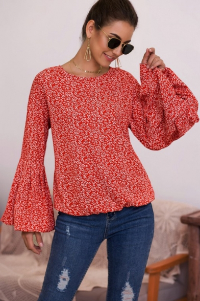 Romantic Girls Shirt Ditsy Floral Flare Cuff Sleeve Loose Fitted Round Neck Blouse