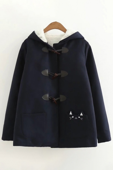 Unique Womens Coat Cat-Pocket Toggle Button Detail Hooded Loose Fit Long Sleeve Woolen Coat