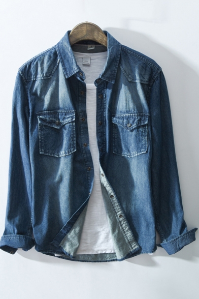 Vintage Mens Jacket Faded Wash Flap Chest Pockets Turn-down Collar Button-down Regular Fit Long Sleeve Denim Jacket