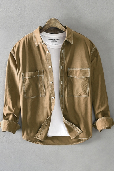 Vintage Mens Shirt Contrast Topstitching Chest Pockets Cotton Point Collar Button Detail Regular Fit Long Sleeve Cargo Shirt