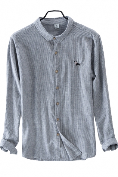 Vintage Mens Shirt Vertical Pinstripe Dog Print Cotton Linen Button up Point Collar Long Sleeve Regular Fit Shirt