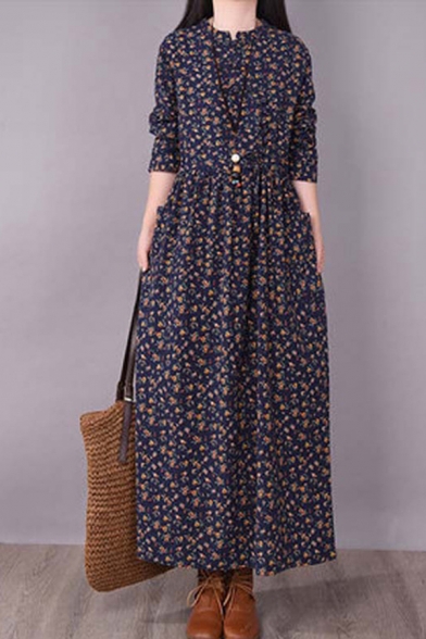 Vintage Women's A-Line Dress All over Floral Printed Drawstring Waist Side Pockets Notched Collar Long-sleeved Regular Fitted A-Line Dress