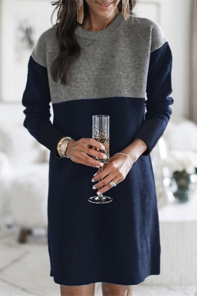 Warm Sweater Dress Color Block Round Neck Long-sleeved Midi Sweater Dress for Women
