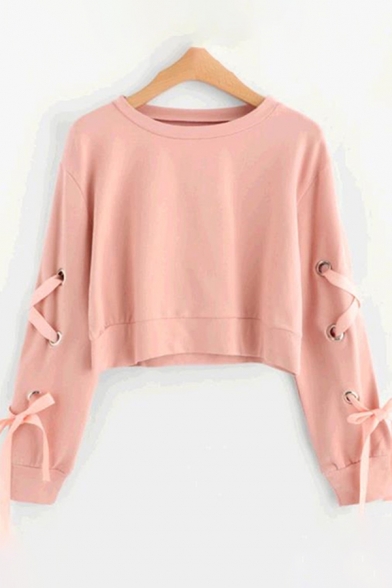 Womens Cropped Pullover Sweatshirt Stylish Solid Color Regular Fit Long Lace-up Sleeve Crew Neck Pullover Sweatshirt