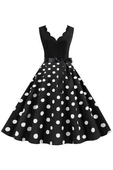 Womens Dress Casual Polka Dot Pattern Bow-Tie Waist Scalloped V Neck Sleeveless Slim Fitted Midi A-Line Swing Dress